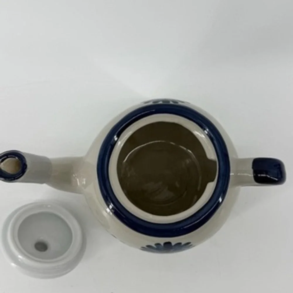 Louisville Stoneware Bachelor Button Teapot Blue Floral Kentucky Hand Painted